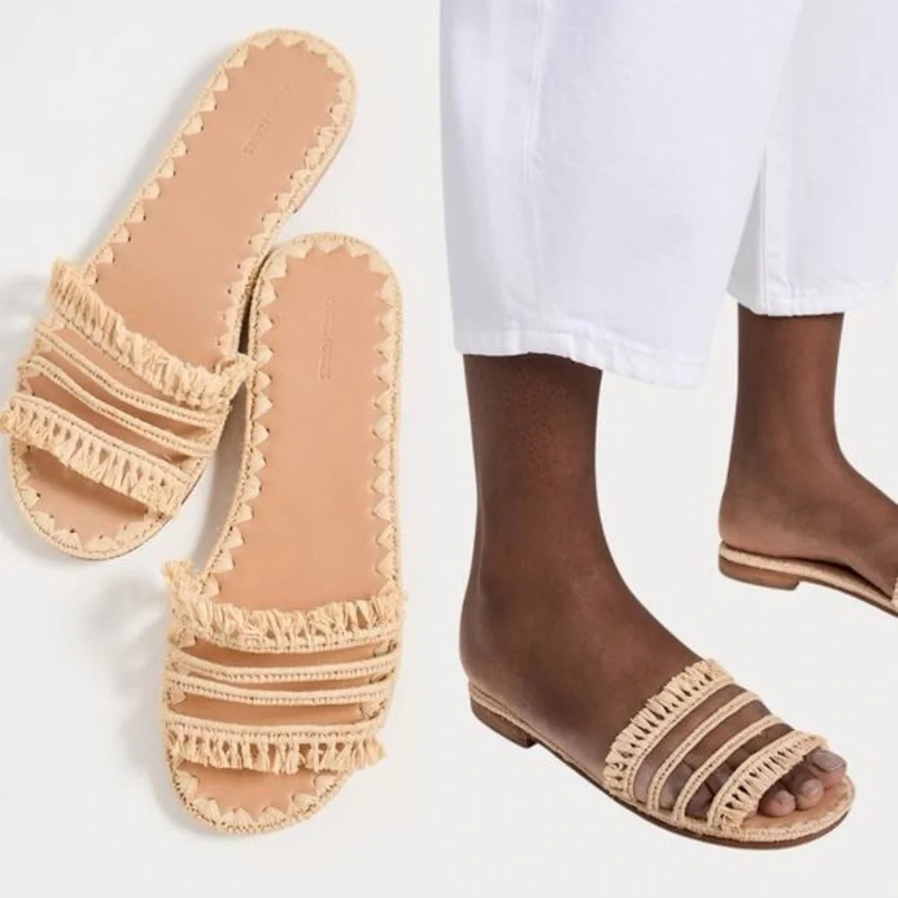 Carrie Forbes Mars Raffia Woven Sandals Black & Gold NEW